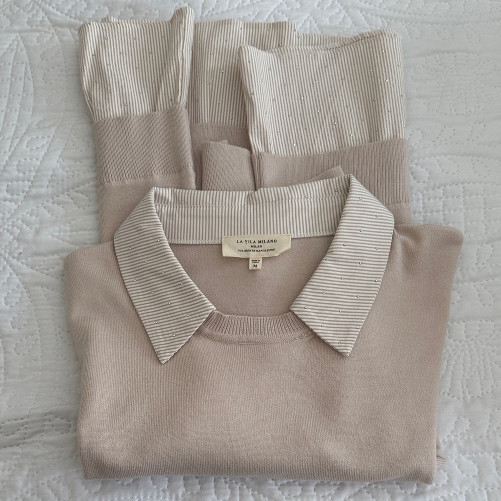 Milano Women's Crewneck Sweater with Striped Collar - Beige & Cream